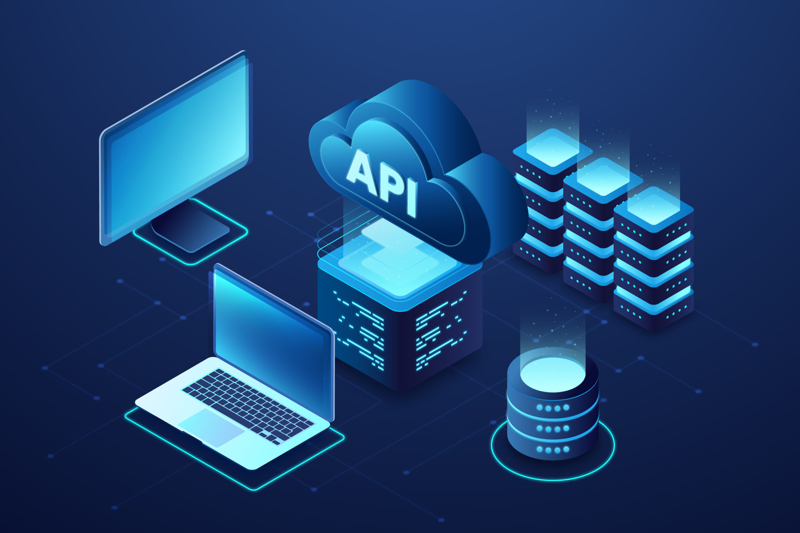 Eine Illustration von Cloud-APIs, Computern und Schnittstellen, die das Know-how von Skywize bei der Bereitstellung von Cloud-Technologielösungen und die Fähigkeit zur Integration und Verbindung verschiedener Systeme veranschaulicht